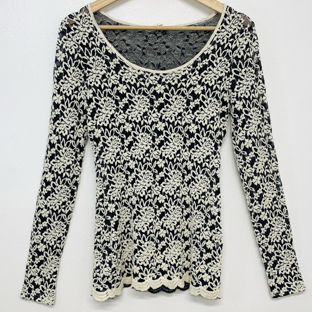 Crystal K Floral Lace Long Sleeve Top Navy Cream Scalloped Hem Small Retro Y2K